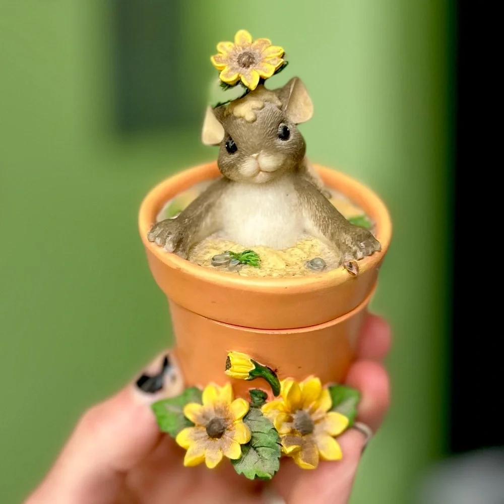 Vintage Mouse In Sunflower Flower Pot Collectible Trinket Box Figurine Decor - Picture 5 of 12